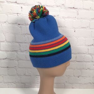 Vintage Meister Knit Beanie Ski Hat 100% New Wool Rainbow Stripe Pompom Ball